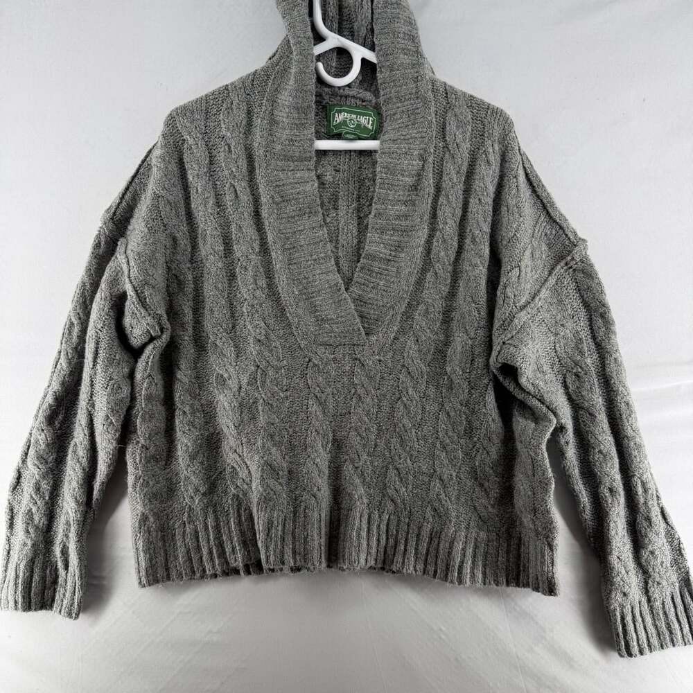 American Eagle Gray Cable Knit Hooded V Neck Sweater S
